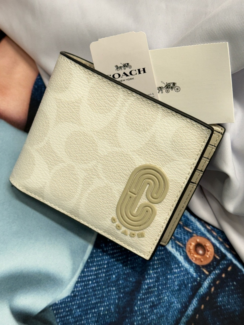 (new+tag) Coach Men Signature Monogram Chalk White Bifold Wallet Double Bill